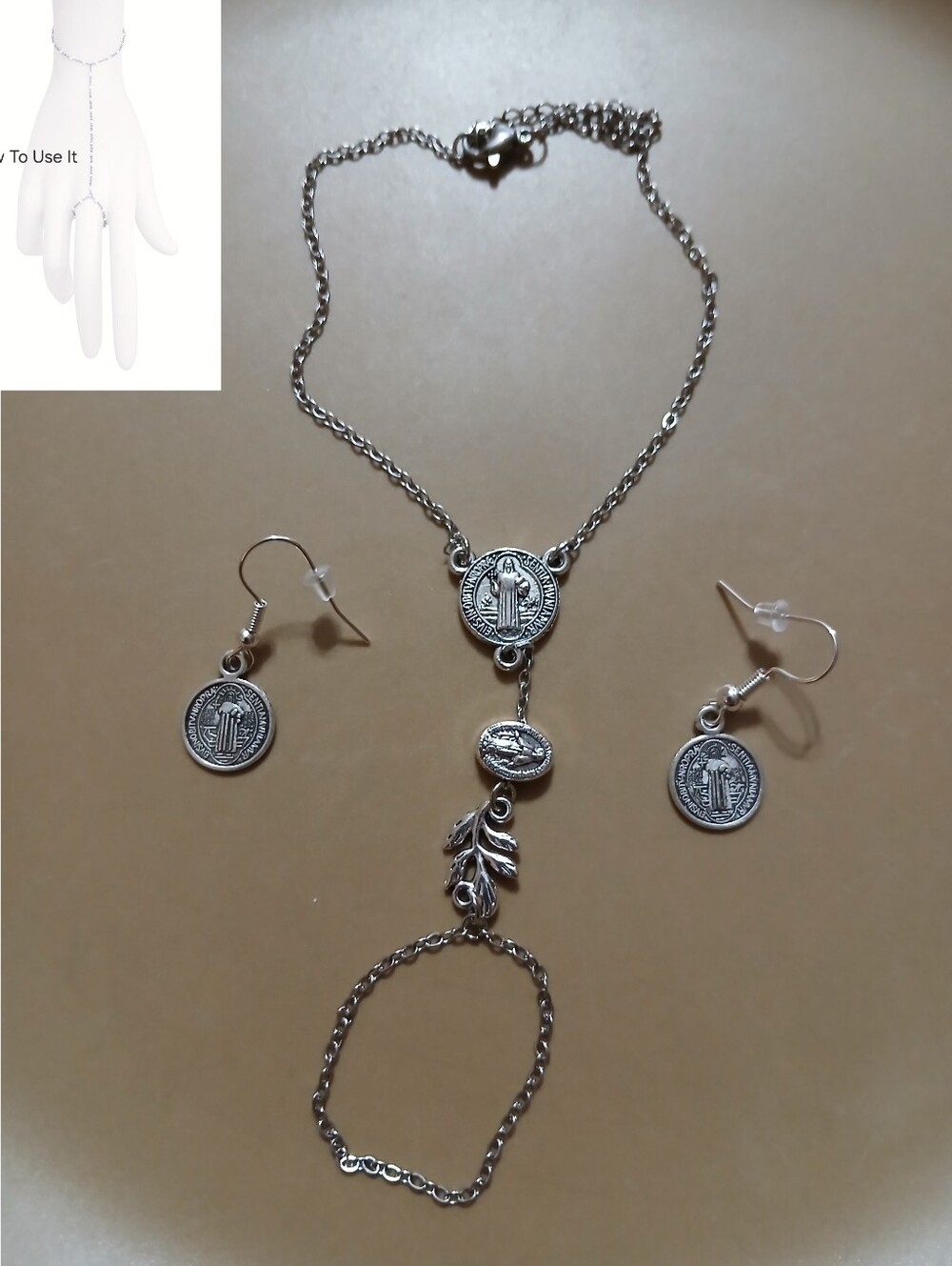 Silver-Tone St. Benedict  Religious Coin Hand Chain and Earring Set